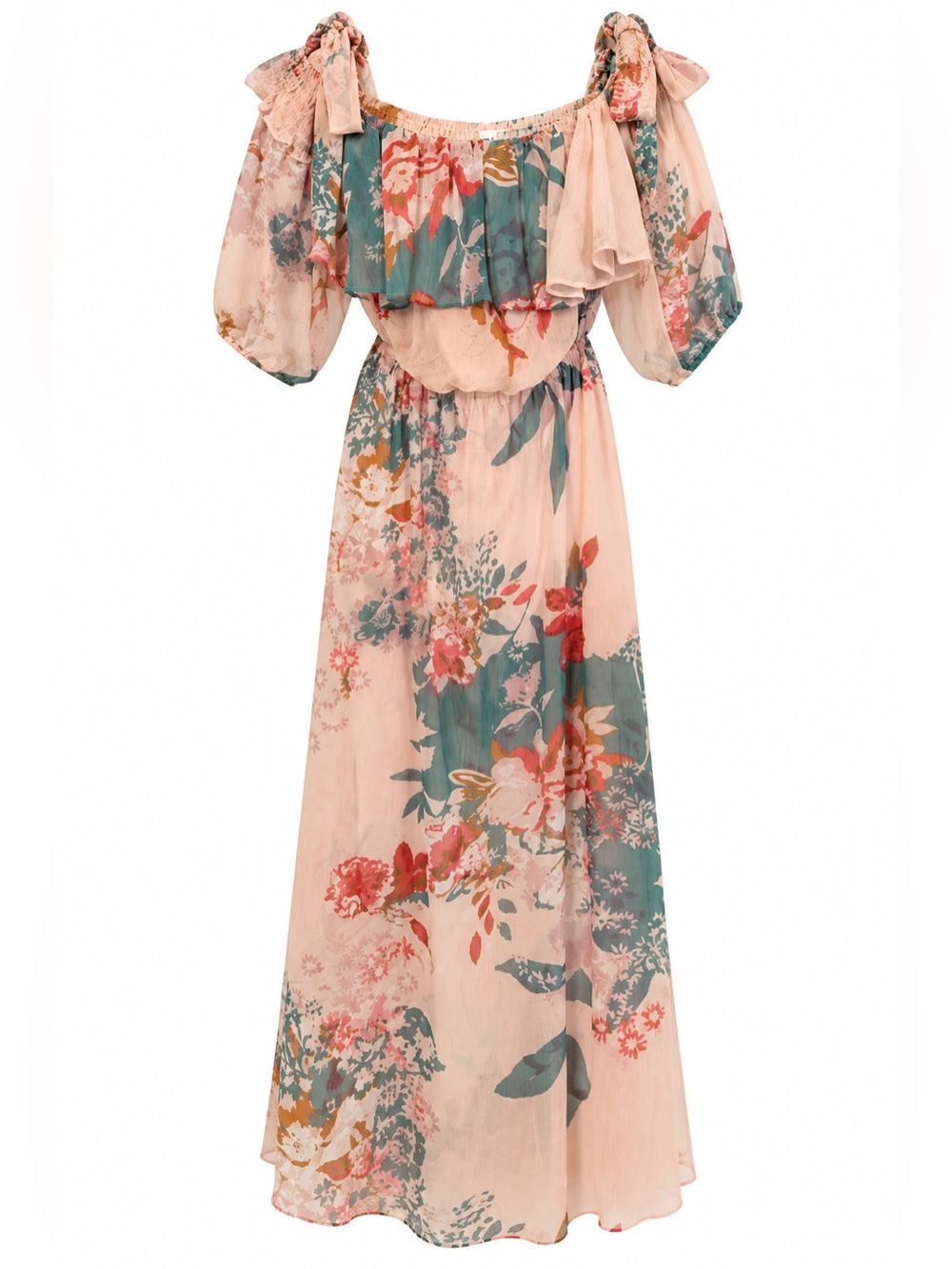 Express Blush and Teal Floral Off-Shoulder Maxi Dress